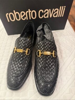 Men’s Roberto Cavalli Black Leather Loafers with Gold Hardware